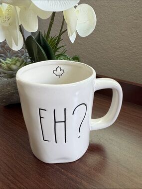 Rae Dunn White 'EH?' Ceramic Mug with Maple Accent